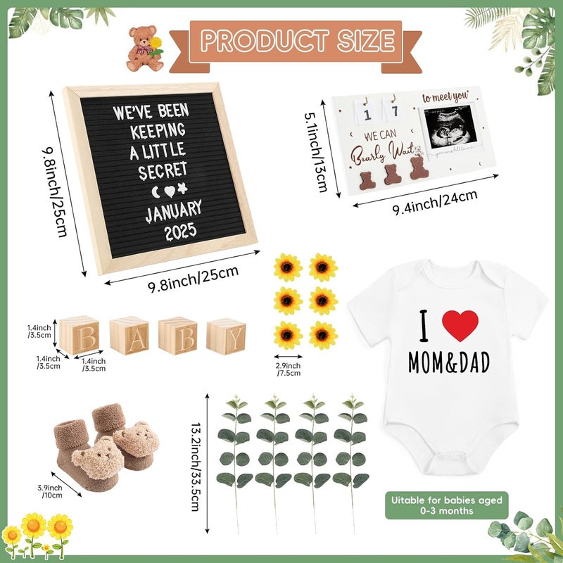 OFUSUY 11 Pcs Pregnancy Announcement Set, Baby Reveal Ideas Include Felt Letter Board Sonogram Picture Frame Baby Bodysuit Bear Booties for Pregnancy Announcement Photo Props Coming Soon Baby Announcement - Image 2